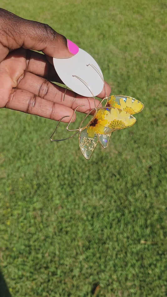 Gold butterfly flower hoop earrings 